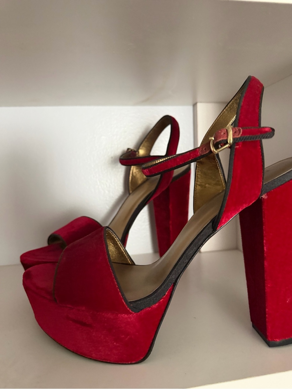 Nine West Red Velvet Platform Block Heel Sandals